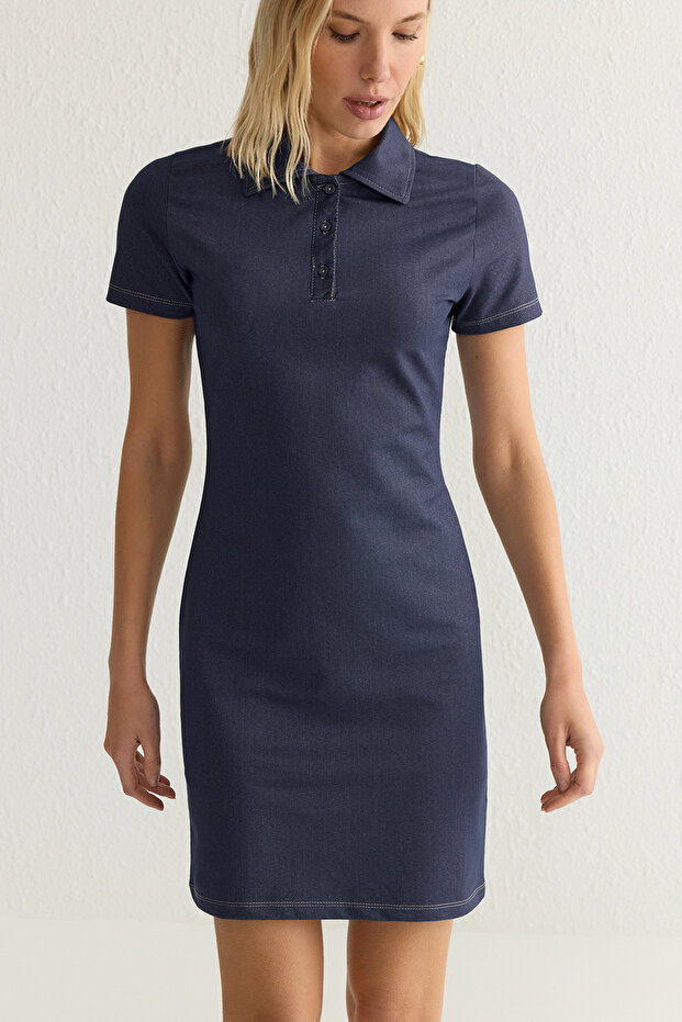 İndigo Bodycone/Vücuda Oturan Polo Yaka Mini Örme Elbise TWOSS25EL00068 - 3