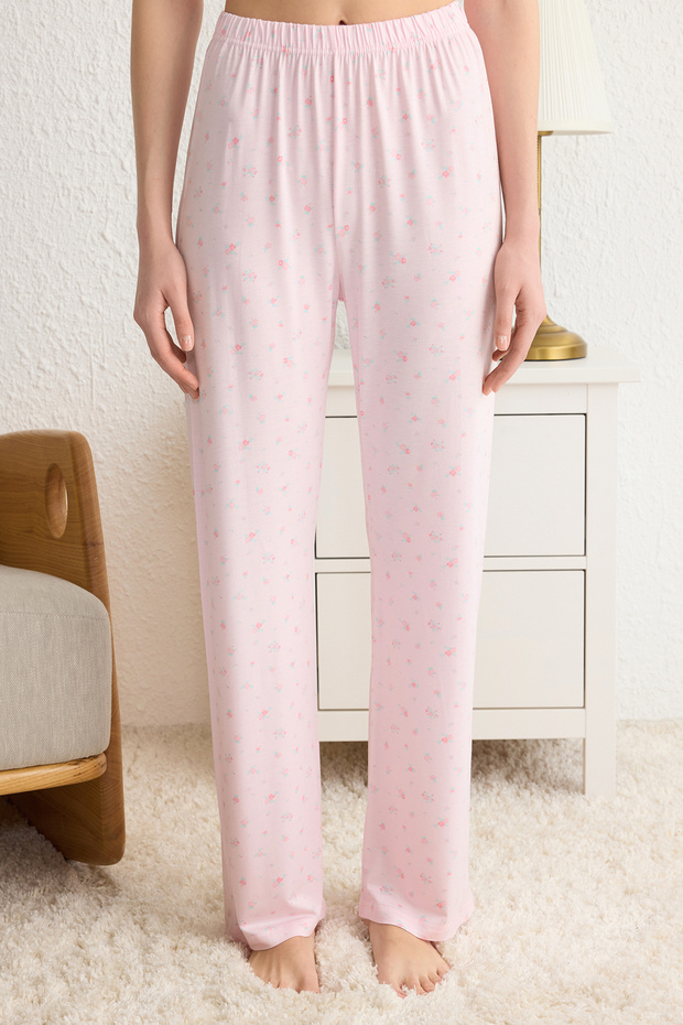 Pembe Çiçekli Bağlamalı ve İp Askılı Örme Pijama Takımı THMSS24PT00233 - 4