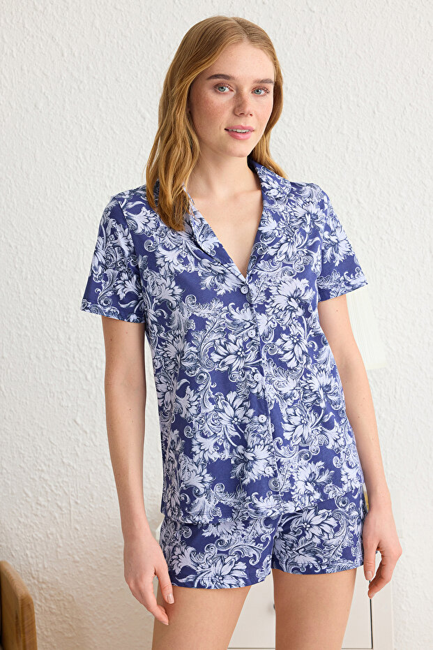Lacivert %100 Pamuklu Etnik/Bohem Desenli Şortlu Örme Pijama Takımı THMSS25PT00098 - 3