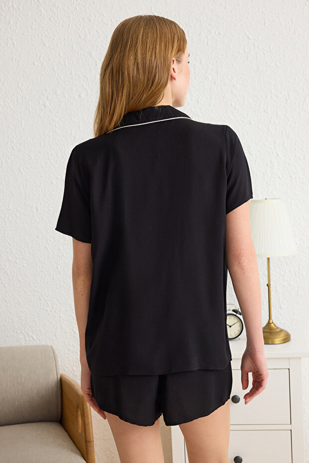 Siyah Kurdele/Fiyonk ve Biye Detaylı Viskon Şortlu Dokuma Pijama Takımı THMSS24PT00290 - 5
