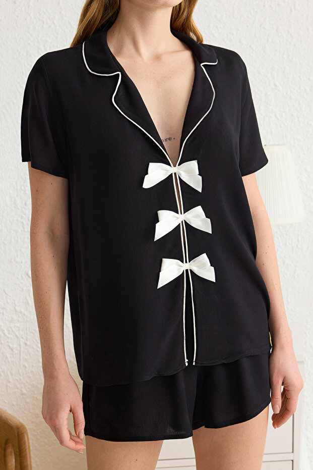 Siyah Kurdele/Fiyonk ve Biye Detaylı Viskon Şortlu Dokuma Pijama Takımı THMSS24PT00290 - 3