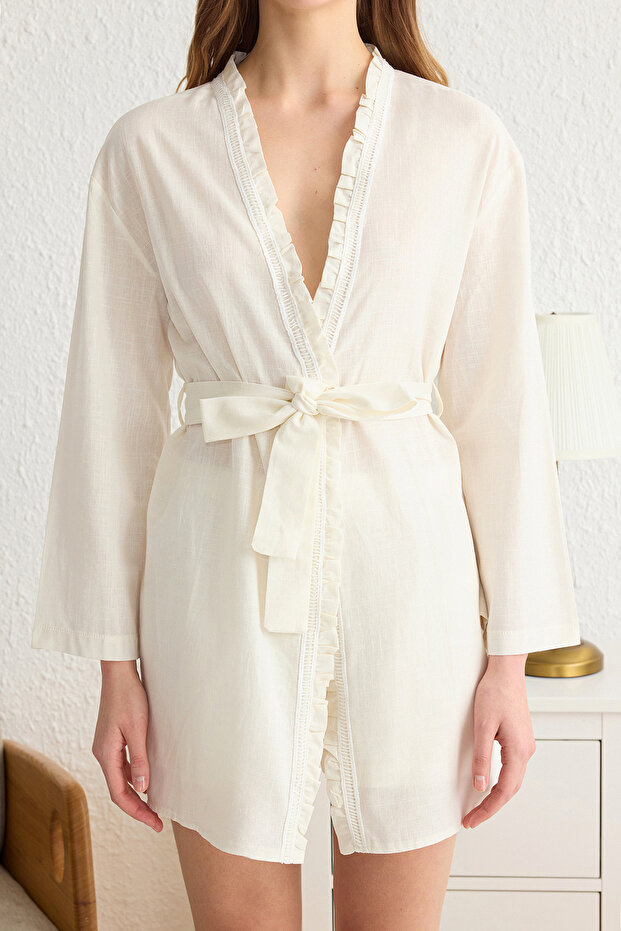 Ekru 3'lü %100 Pamuklu Fırfırlı Şortlu Dokuma Sabahlık+Pijama Takımı THMSS25PT00054 - 5