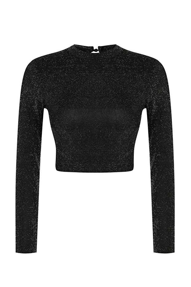 Antrasit Crop Sırt Detaylı Simli Örme Bluz TEDAW25BZ00043 - 1
