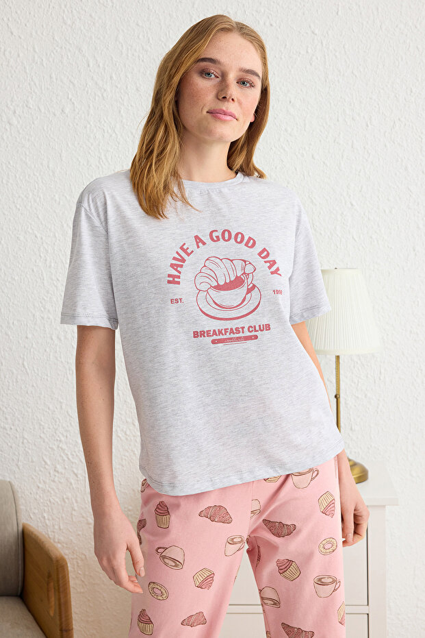 Gri Melanj %100 Pamuklu Slogan Baskılı Örme Pijama Takımı THMSS25PT00162 - 2