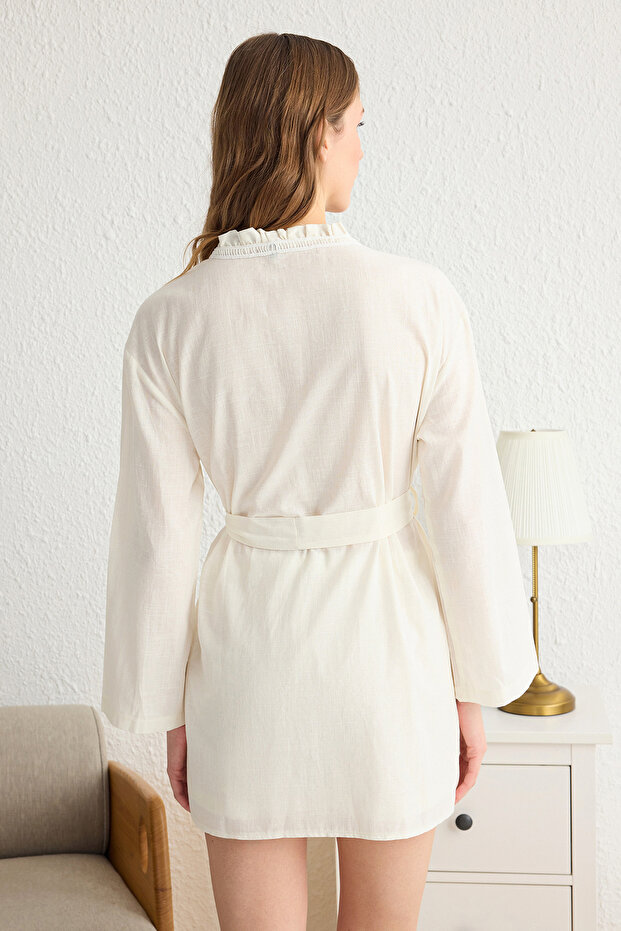 Ekru 3'lü %100 Pamuklu Fırfırlı Şortlu Dokuma Sabahlık+Pijama Takımı THMSS25PT00054 - 7