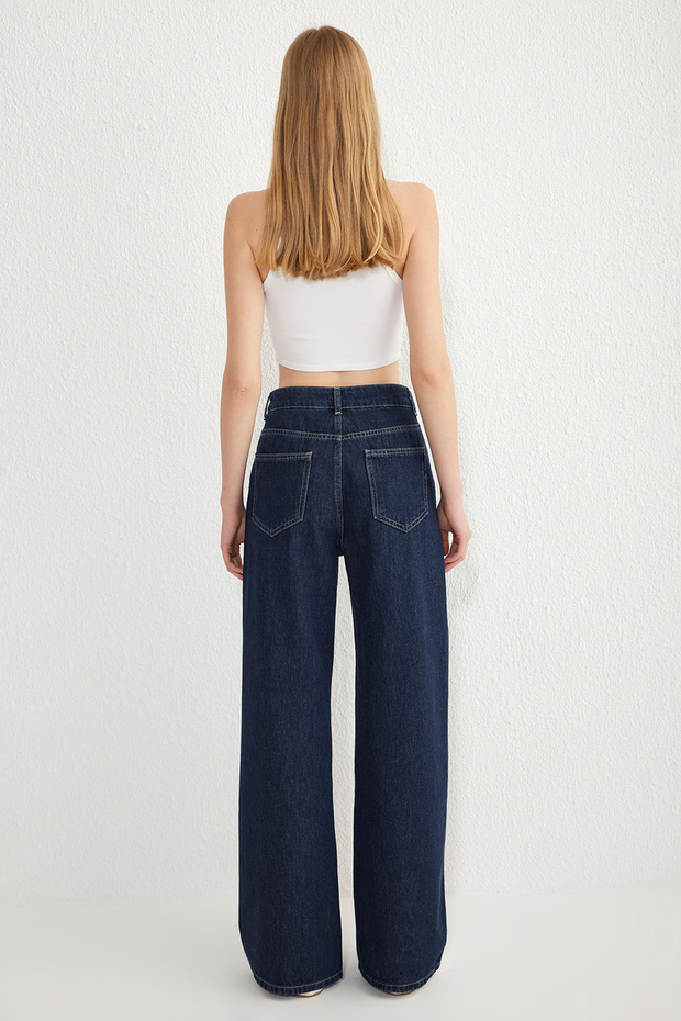 Koyu Mavi Normal Bel Wide Leg Geniş Paça %100 Pamuk Non-Stretch Jeans TWOSS25JE00053 - 5