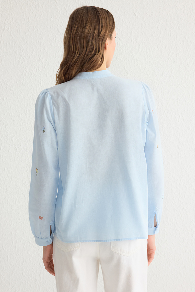 MaviÇiçek Nakışlı Oversize Dokuma Gömlek TWOSS23GO00152 - 5