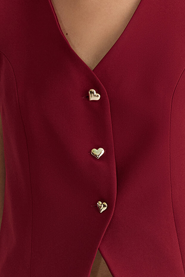 Bordo Fitted Crop Kalpli Düğmeli Dokuma Yelek TWOSS25YE00015 - 3