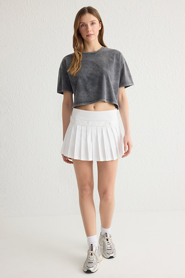 Antrasit Yıkamalı %100 Kalın Pamuklu Crop Örme T-Shirt TWOSS23TS00038 - 2