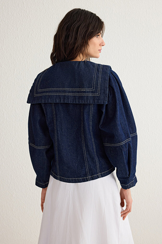 Koyu Mavi Denizci Yaka Detaylı Kontrast Dikişli Denim Gömlek Ceket TWOSS25CE00003 - 5
