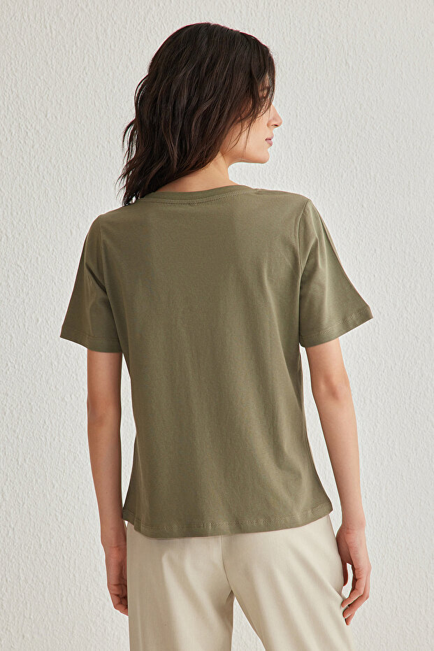 Haki %100 Pamuk Basic V Yaka Örme T-Shirt TWOSS23TS00001 - 5