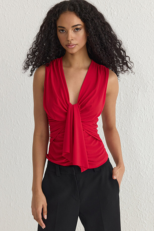 Kırmızı Drape Detaylı Örme Büstiyer TPRSS25BZ00023 - 2