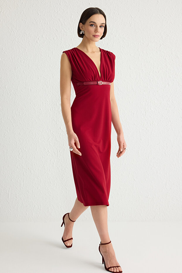 Bordo V Yaka Kemerli Bodycone/Vücuda Oturan Midi Örme Elbise TWOSS25EL00083 - 2