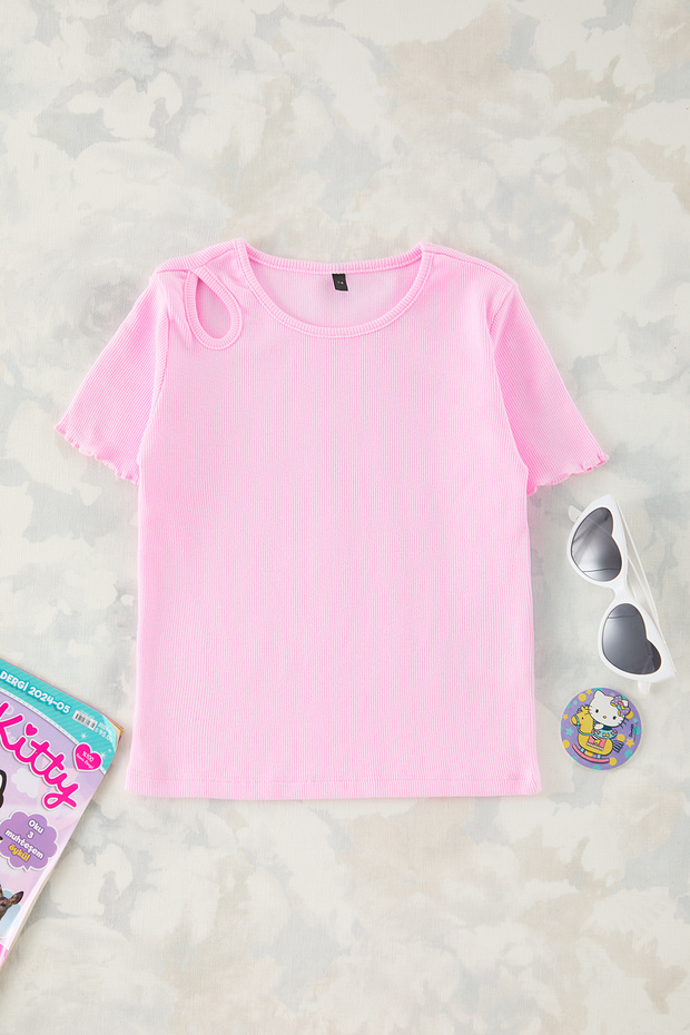 Pembe Kız Çocuk Pamuklu Basic Regular Kalıp Cut-Out Detaylı Kısa Kol Örme T-Shirt TKDSS25TS00022 - 2