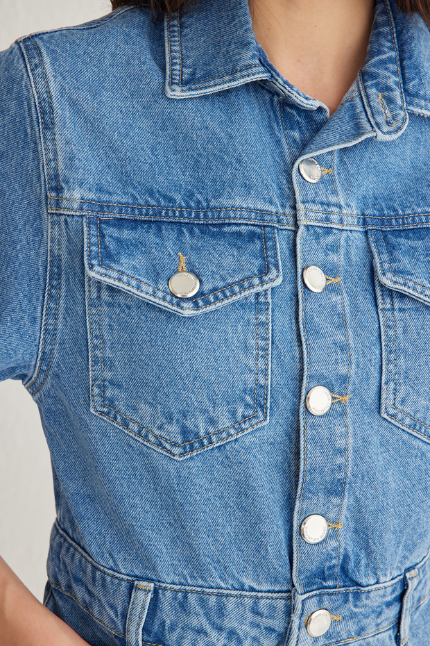 Mavi Cep Detaylı Kısa Kollu Mini Denim Gömlek Elbise TWOSS25EL00156 - 4