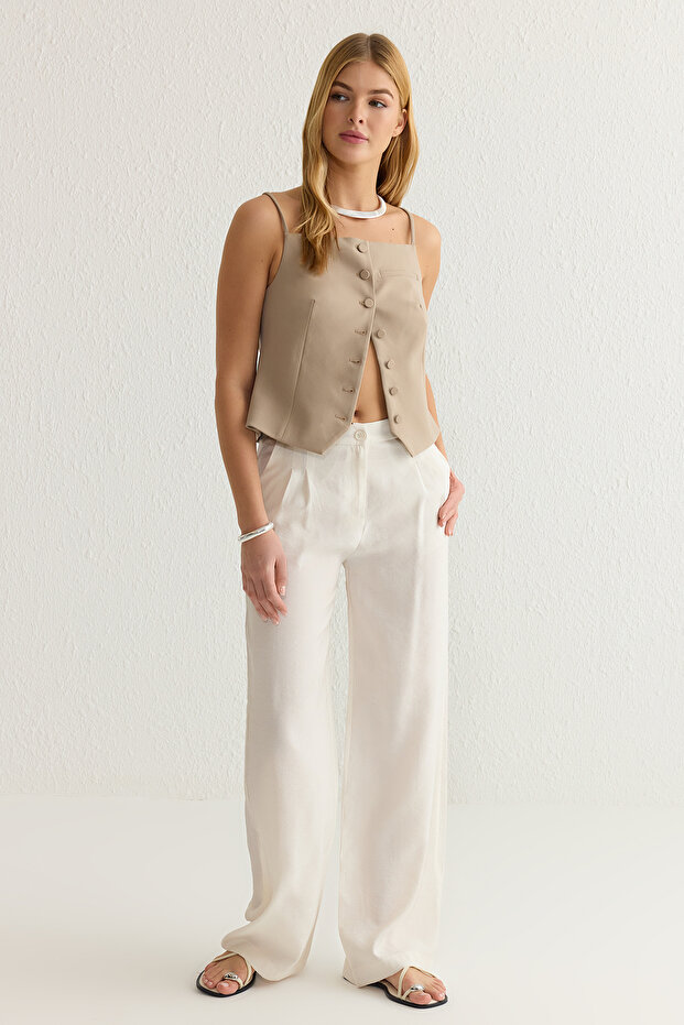 Bej Yumuşak Tuşeli Wide Leg/Geniş Paça Dokuma Pantolon TWOSS25PL00004 - 2
