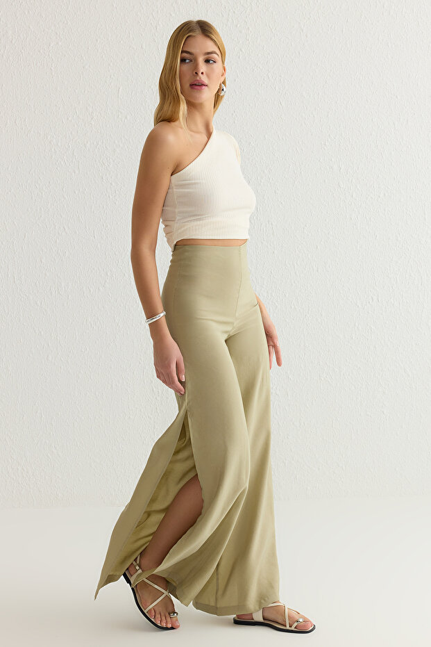 Mint Modal Wide Leg / Geniş Paça Yüksek Bel Yırtmaçlı Dokuma Pantolon TWOSS25PL00006 Palazzo - 1