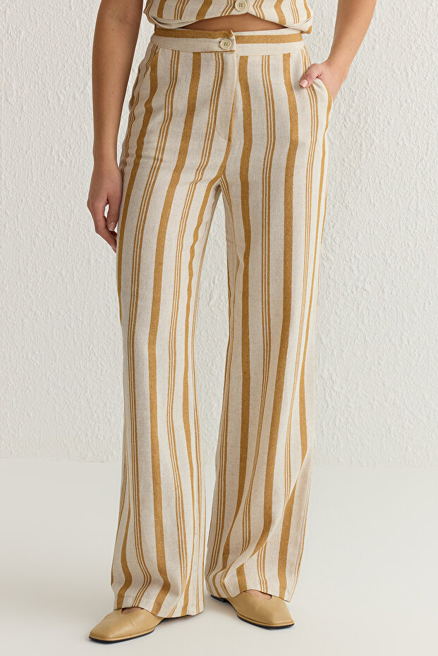 Çok Renkli Çizgili Kare Yaka Yelek ve Wide Leg Pantolon Dokuma Alt-Üst Takım TWOSS25AU00032 - 4