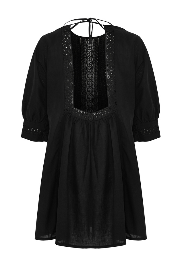 Siyah Dokuma Dantel Plaj Mini Elbise TBESS25EL00005 - 8