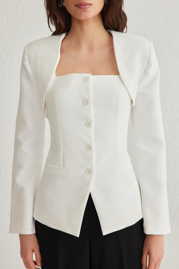 Beyaz Bolero Detaylı Dokuma Blazer Ceket TWOSS24BC00019 - 3