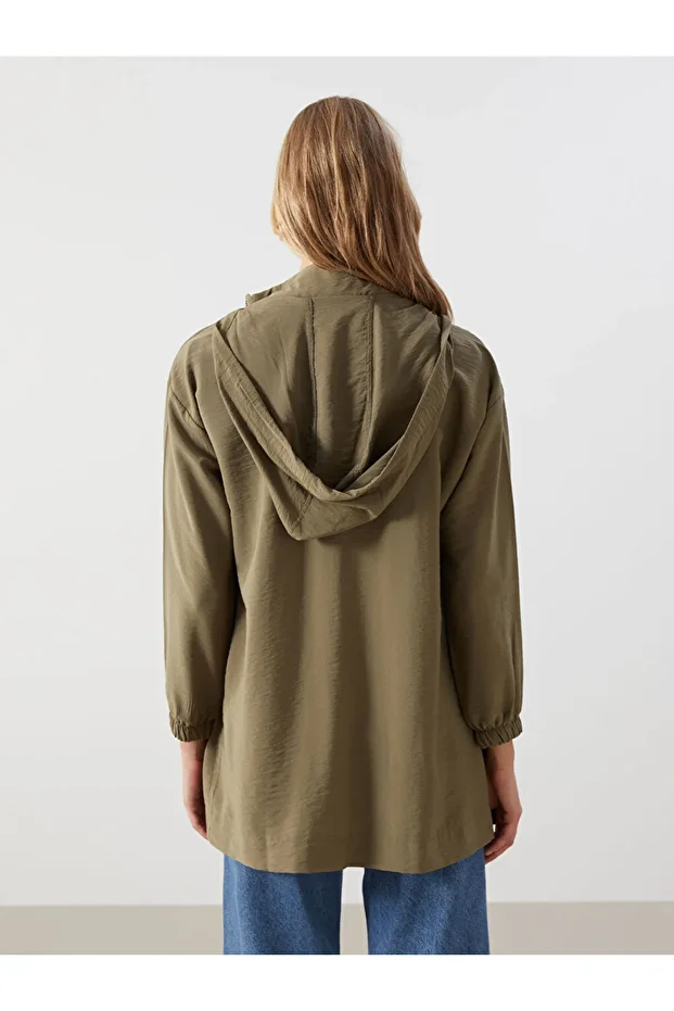 Haki Kapüşonlu Düz Oversize Kadın Tunik - 5