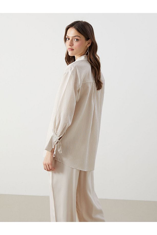 LCW Modest Bej Çizgili Oversize Kadın Gömlek Tunik - 1
