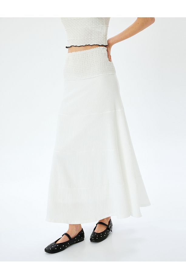 Yüksek Bel Bürümcük Gipeli Oversize Midi Etek - 3
