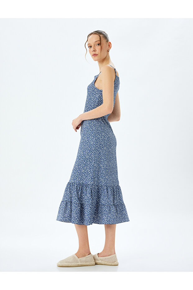 Floral Patterned Flounced Waist Lace-Up Midi Dress with Rope Strap Bürümük