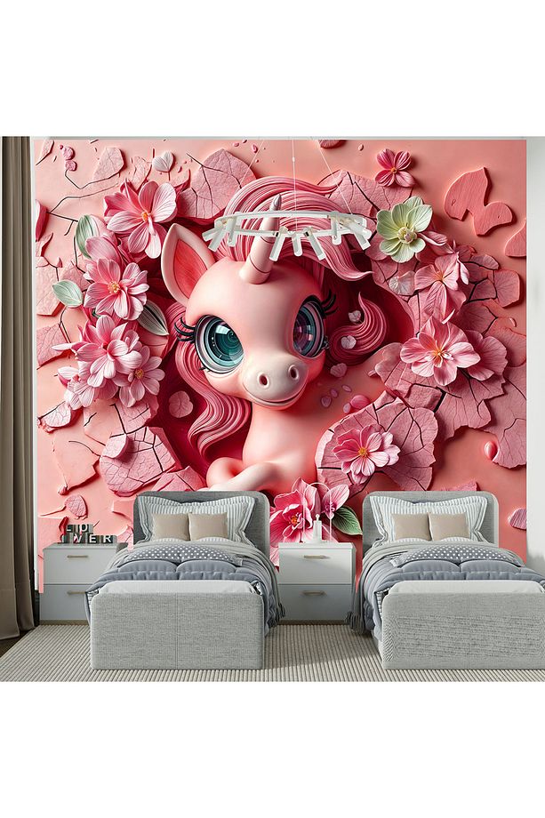 Duvarı kırıp çıkan sevimli unicorn poster duvar kağıdı - 1
