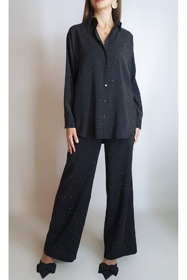 Women's Anthracite Gray Stone Printed Pants Shirt Two-Piece Set Yy101198
