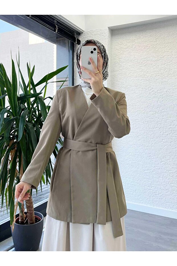 Minimal Kimono Jacket with Khaki Belt Detail
