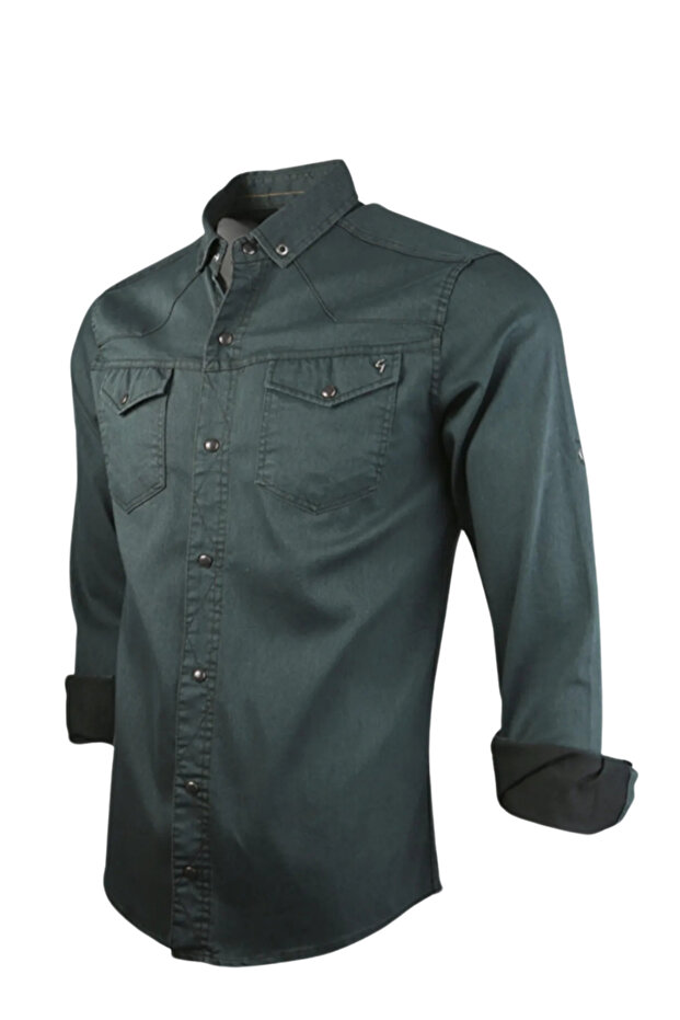 Erkek Uzun Kollu Çift Cepli Likralı Kot Gömlek - 2