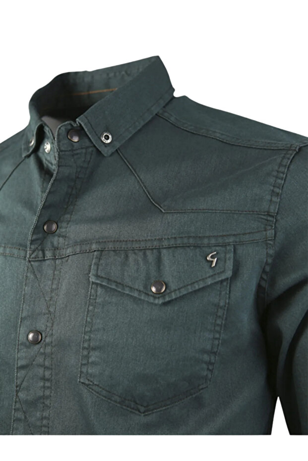 Erkek Uzun Kollu Çift Cepli Likralı Kot Gömlek - 3