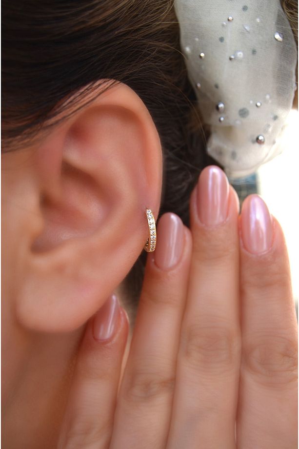 Taşlı İnce Halka Piercing Forward Helix Kıkırdak Lob Helix Zirkon Taşlı Piercing Küpe - 3