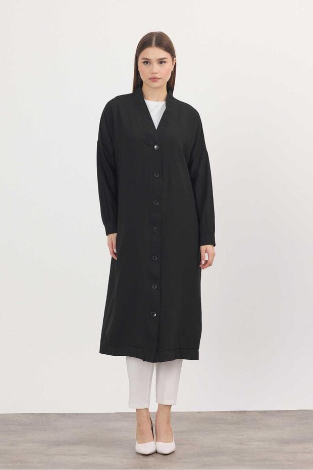 4378A Model - Black Long Tunic with Buttons - 2