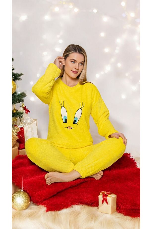 Kadın Sarı CivCiv Peluş Pijama Takımı - 1