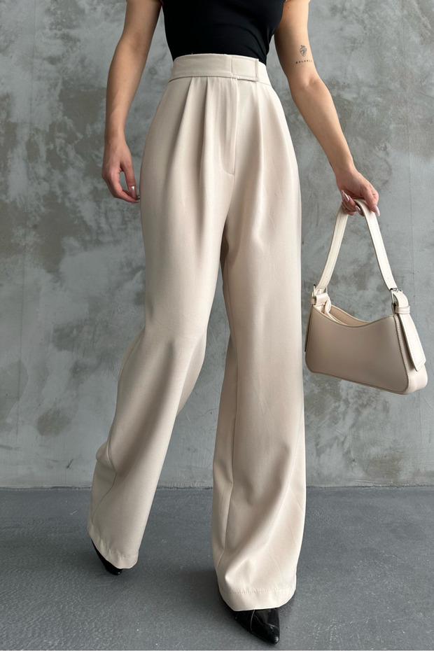 WOMEN'S HIGH WAIST CLOSURE VELCHET DETAIL WIDE LEG PANTS