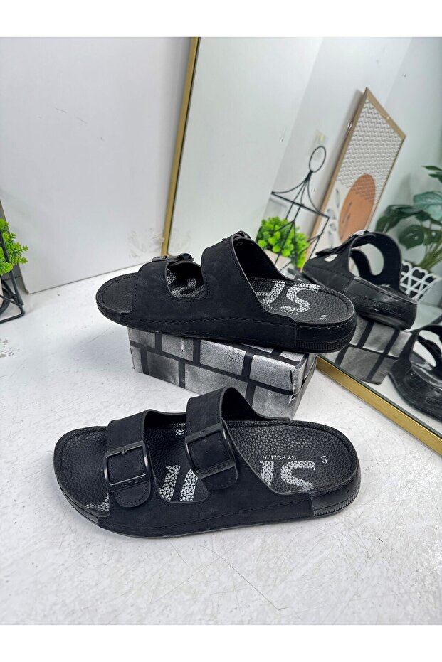 Casual Men's Black Slippers Adjustable Buckle Stitching Detail Comfortable Sole Oval Toe Sandals 2002