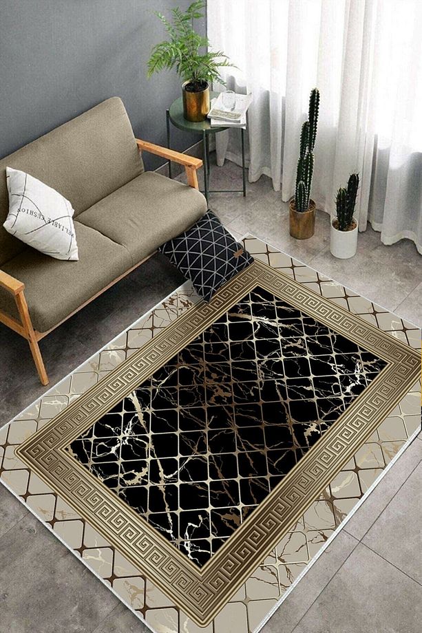 Makinede Yıkababilir Leke Tutmaz Vizon-siyah Pvc Deri Kaymaz Taban Versace Salon Saçaksız Halı B127 - 4