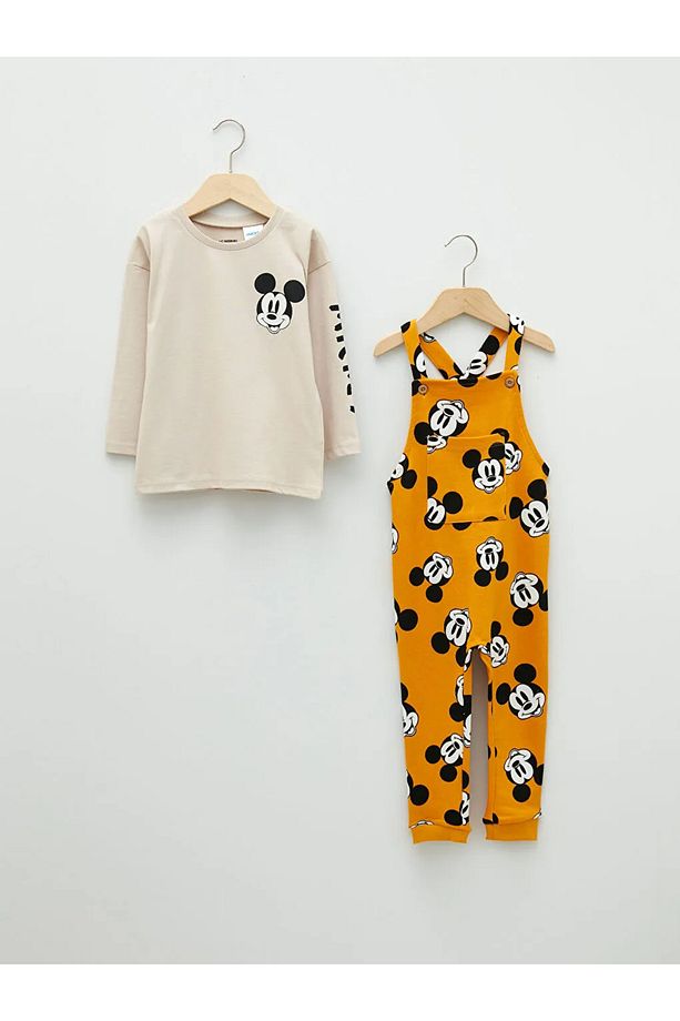 LCW baby Sarı Uzun Kollu Mickey Mouse Baskılı Pamuklu Erkek Bebek Tişört ve Salopet 2'li Takım - 1