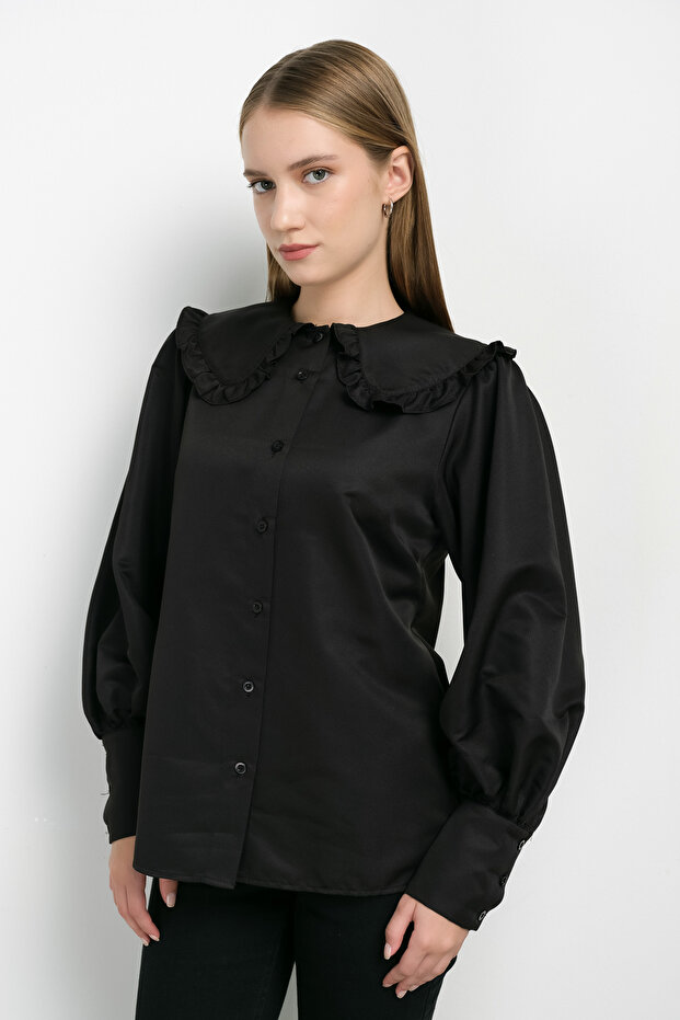 Fırfır Yaka Basic Siyah Gömlek - 1