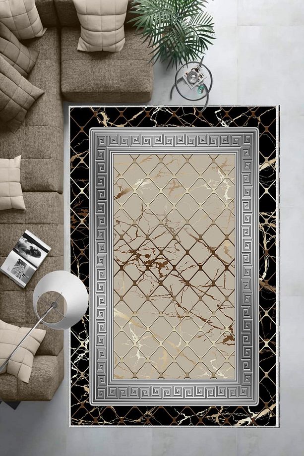 Makinede Yıkababilir Leke Tutmaz Siyah-gri Pvc Deri Kaymaz Taban Versace Salon Saçaksız Halı B1278- - 3