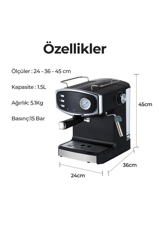 Süt Köpürtücülü Espresso Latte Cappuccino Americano Kahve Makinesi 1.5 Litre - 9
