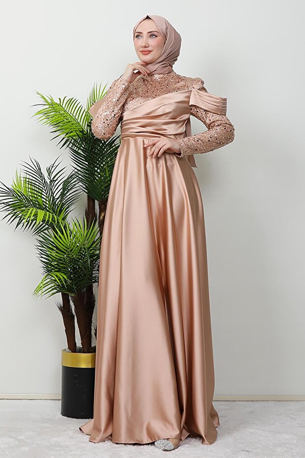 Kolu Drapeli Pullu Abiye Gold - 3