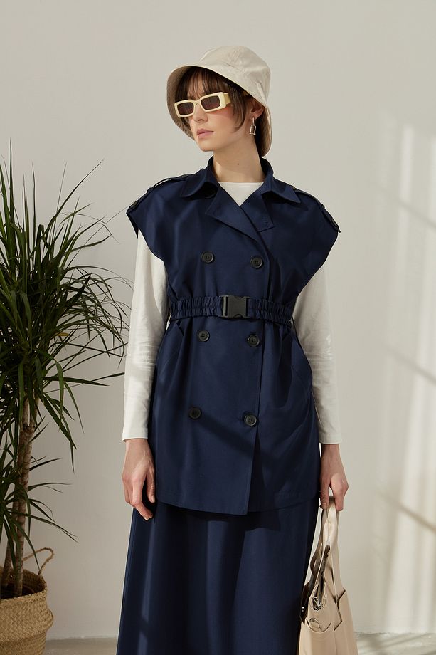 Oversize Kemerli Midi Yelek Lacivert - 3