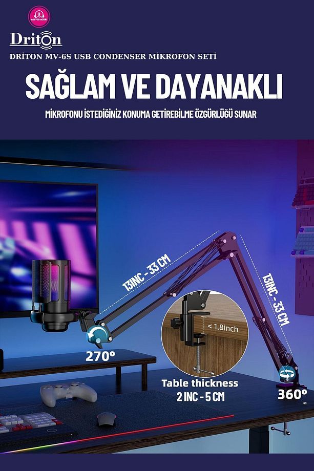 Driton Youtuber Mikrofon Mv-6s Siyah Rgb Usb Oyuncu Yayıncı Ve Podcast Condenser Mikrofon Seti - 6