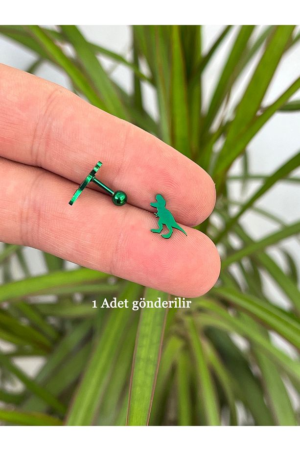 T Rex Yeşil Dinozor Kulak Piercing Cerrahi Çelik Tragus Flat Conch Forward Helix Küpe - 5