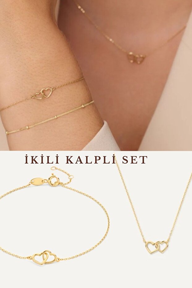 İkili Kalp Altın Takı Seti - 3