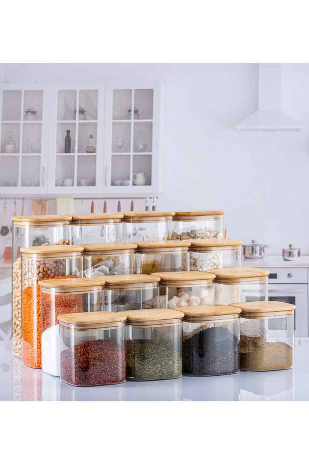 16-Piece Luxury Square Jar Set, Vacuum Luxury Food Container with Bamboo Lids - Mix