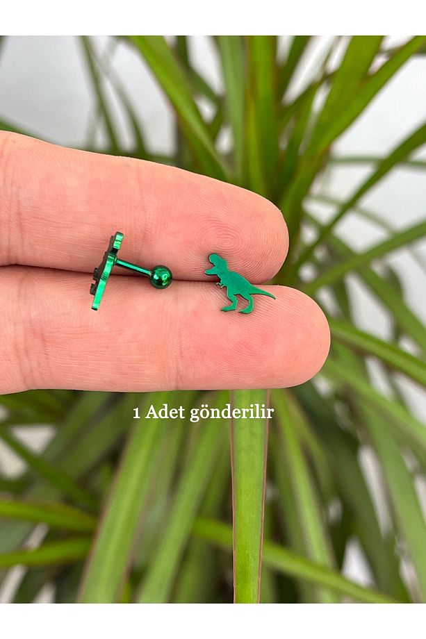 T Rex Yeşil Dinozor Kulak Piercing Cerrahi Çelik Tragus Flat Conch Forward Helix Küpe - 4